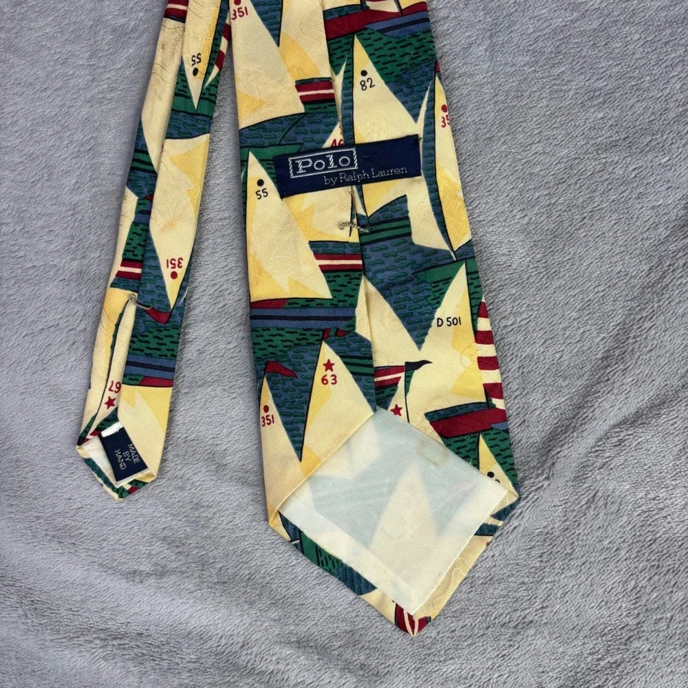 Polo Ralph Lauren Necktie Mens OS Yellow Nautical Sailboat Silk Made By Hand Tie
